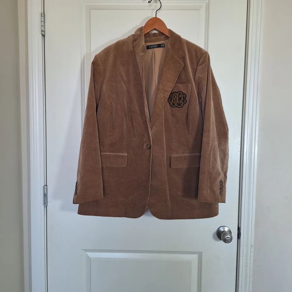 Lauren Ralph Lauren Corduroy Blazer Tan Bullion Crest Patch Sport Coat Size 18W - Picture 2 of 7